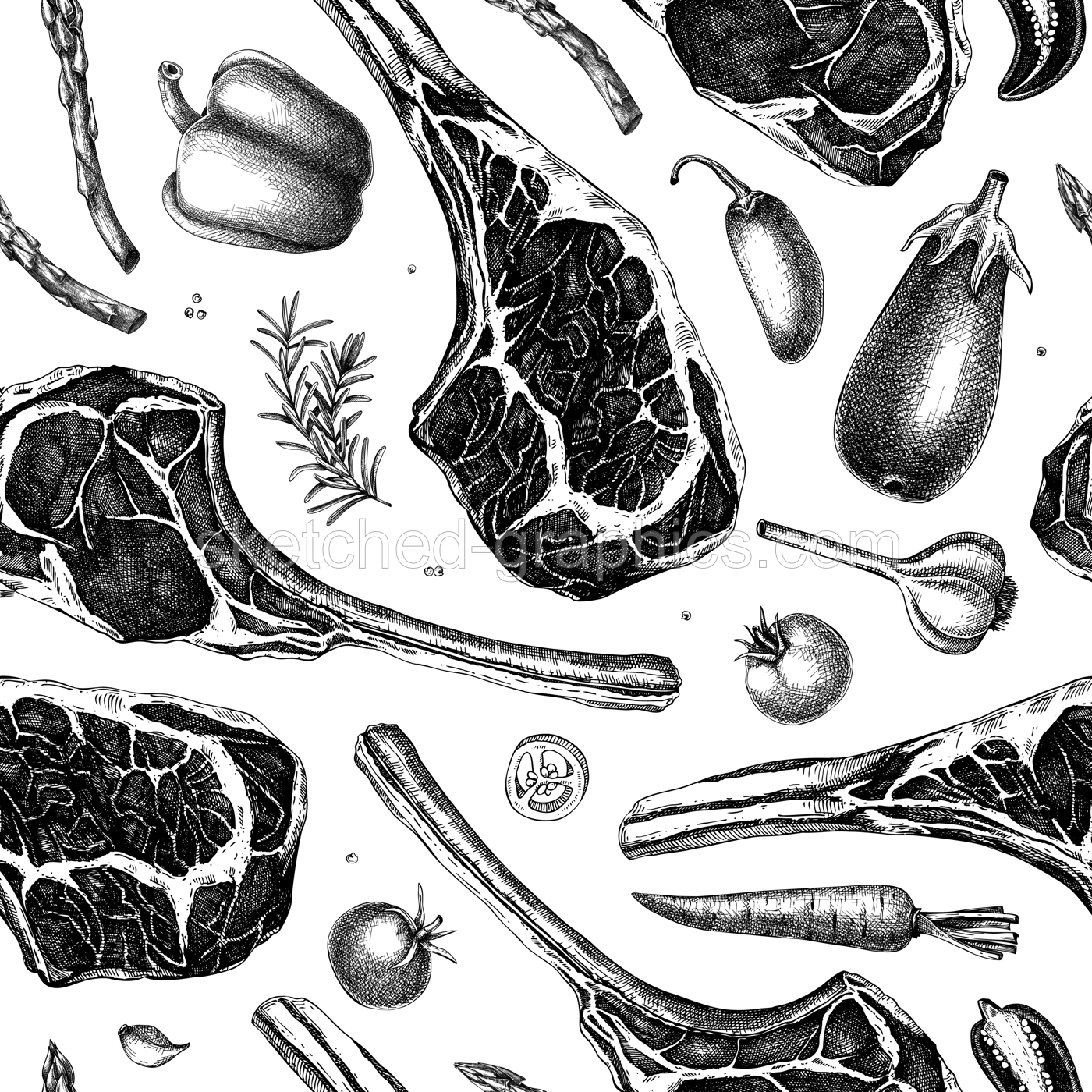 Healthy food background. Meat and vegetable seamless pattern. Tomahawk steak vector sketches. Hand drawn food illustration. NOT AI generated Illustration